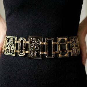 Vintage art deco belt gold & black floral geometric chain adjustable boho EUC